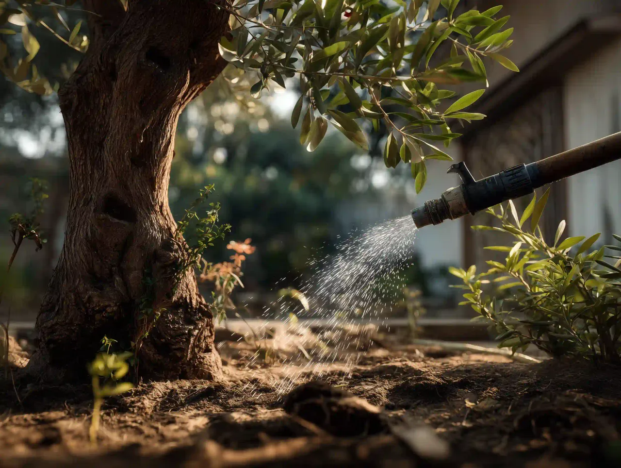 Im Garten: Olivenbaum mit Wasserschlauch gießen